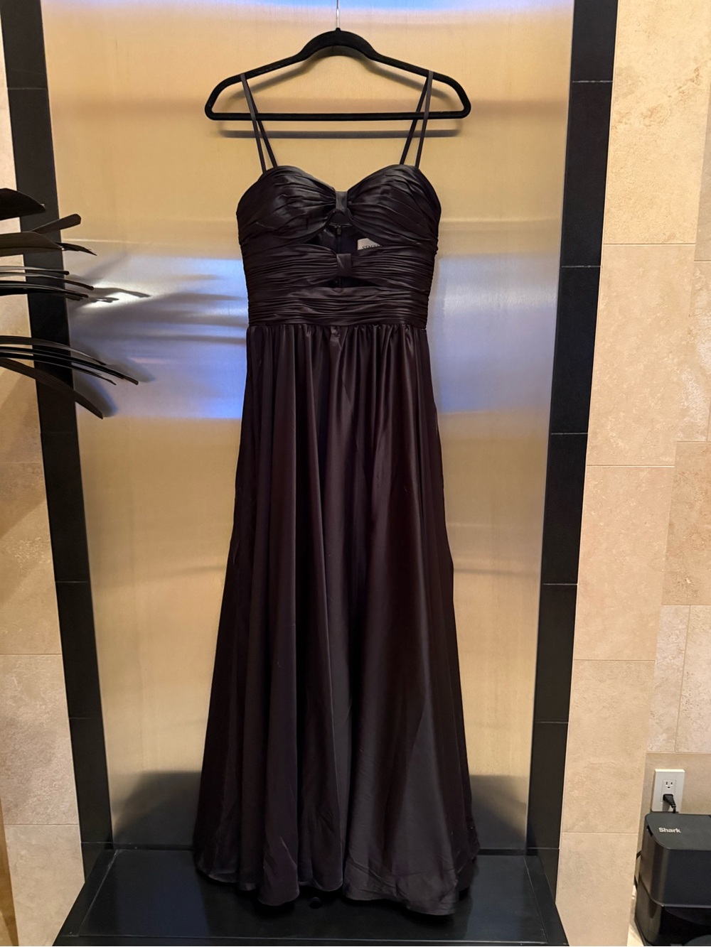Stacees Black Spaghetti-Strap Prom Dress with Ruched Bodice